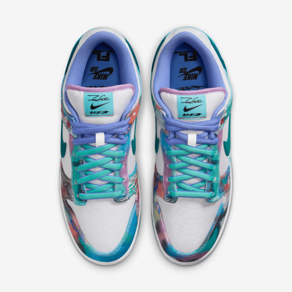 Futura Laboratories x Nike SB Dunk Low White and Geode Teal